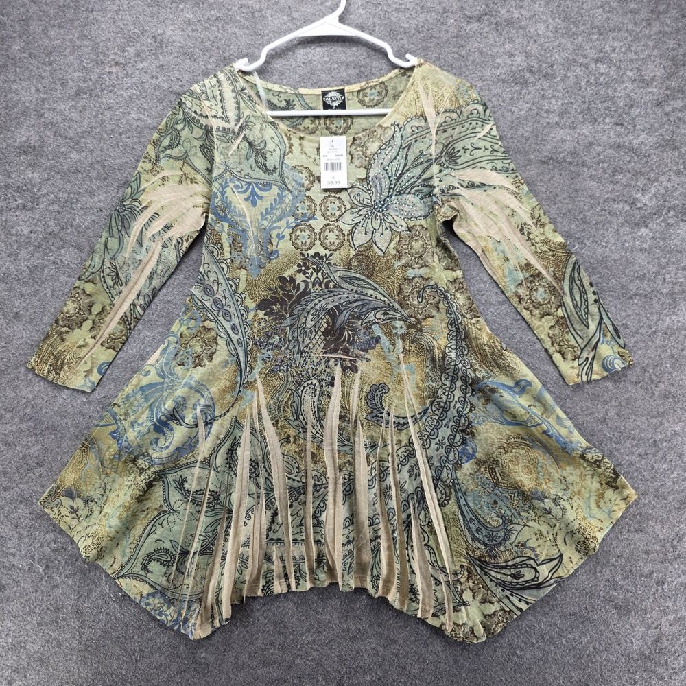 Cal Style Blouse Tunic Womens S Multicolor Paisley Sharkbite Rhinestone Knit